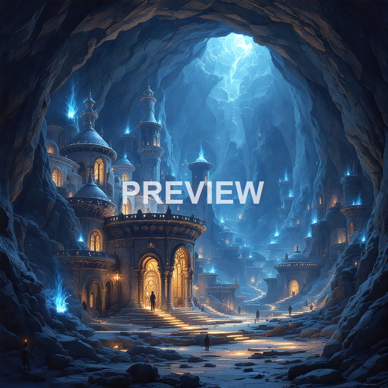 An elaborate fantasy city with glowing blue lights inside a vast ice cave, featuring tall, ornate towers and a large illuminated entrance, with several small figures walking around.